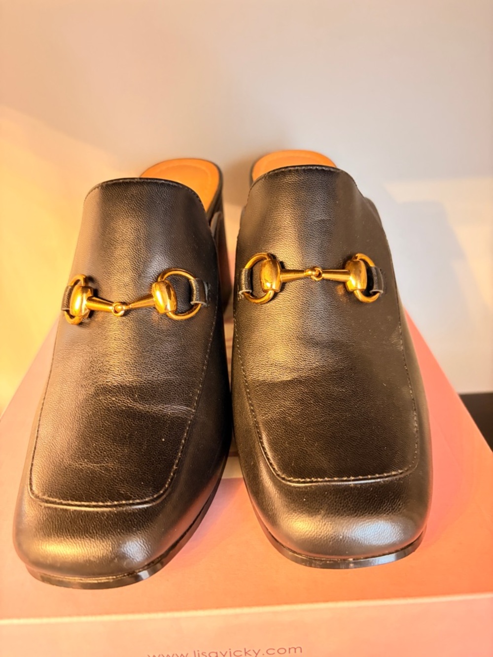 Black Leather Women's Slip-On Loafers with Gold Bit Accent